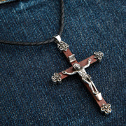 Jesus Crucifix Cross Wood Sterling Silver Pendant for Men