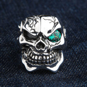 Sterling Silver Mens Emerald Green Eye Skull Fáinní